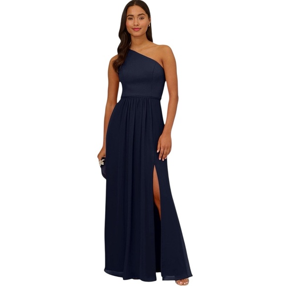 ADRIANNA PAPELL MIDNIGHT BLUE ONE SHOULDER CREPE CHIFFON HIGH SLIT GOWN DRESS - Picture 1 of 14